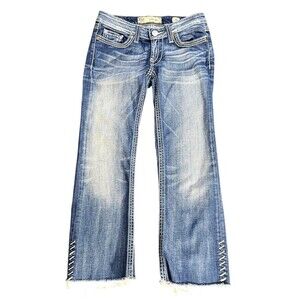 BKE Jeans Starlite Women’s Blue Denim Buckle Distressed Cropped Ankle Size 26